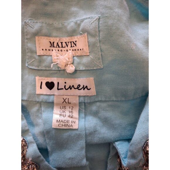 Malvin Womens Linen Tunic Top XL Blue Silver Beaded V Neck 3/4 Sleeves Lagenlook - Picture 3 of 7